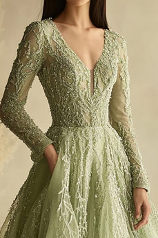 Dusty Sage V-Neck Appliqued Prom Dress with Long Sleeves