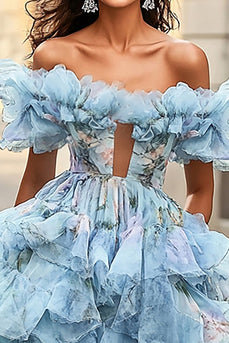 Blue Ruffled A Line Off The Shoulder Prom Dress