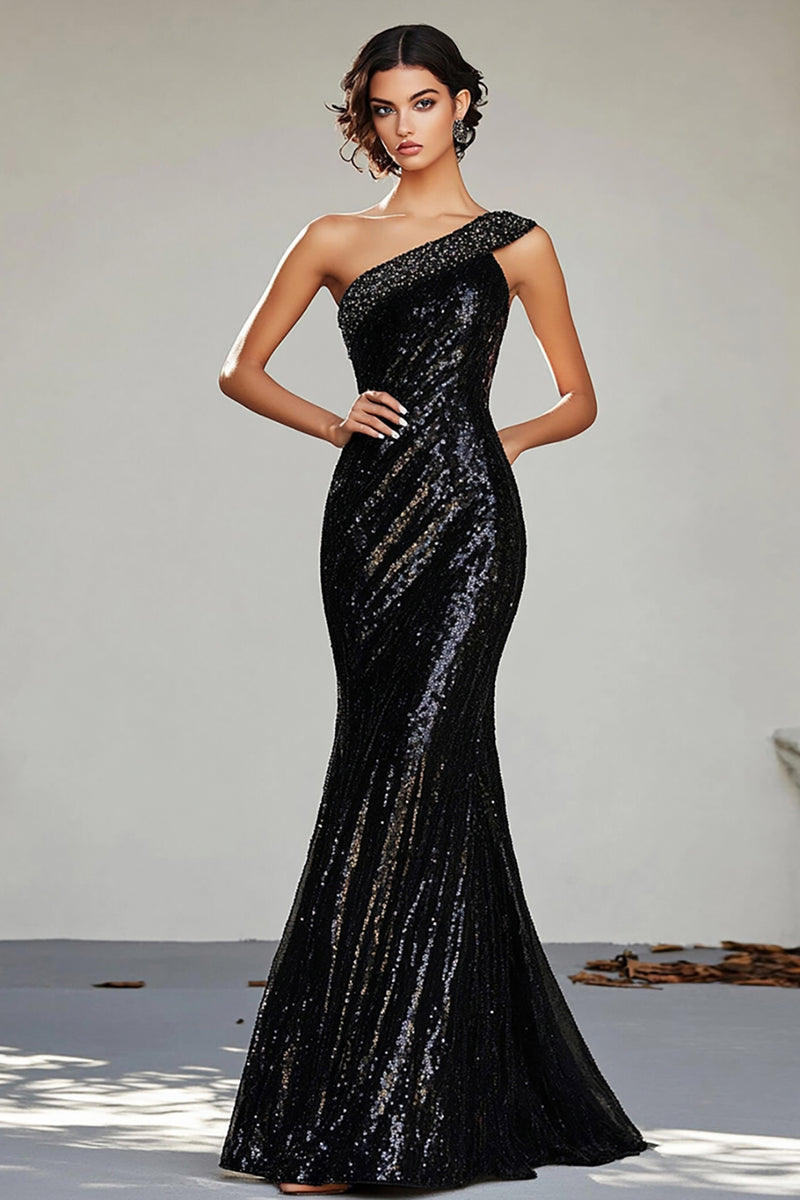 Load image into Gallery viewer, Sparkly Black Mermaid One Shoulder Prom Dress