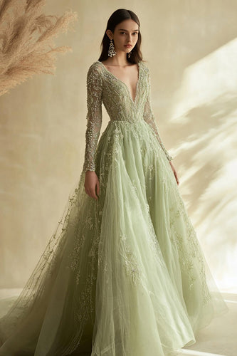 Dusty Sage V-Neck Ball Gown Appliqued Prom Dress with Long Sleeves