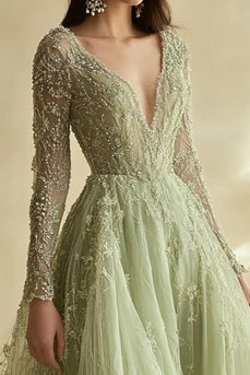 Dusty Sage V-Neck Ball Gown Appliqued Prom Dress with Long Sleeves