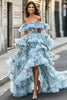 Load image into Gallery viewer, Blue Ruffled A Line Off The Shoulder Prom Dress with Floral Printed