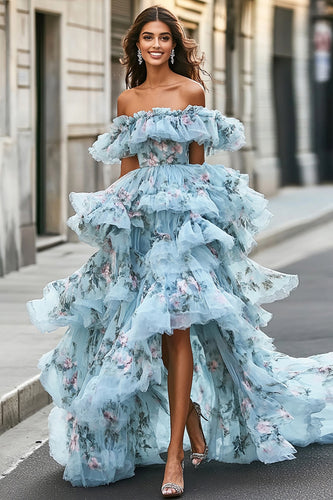 Blue Ruffled A Line Off The Shoulder Prom Dress with Floral Printed