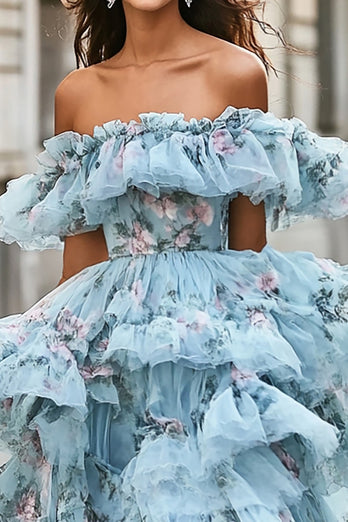 Blue Ruffled A Line Off The Shoulder Prom Dress with Floral Printed