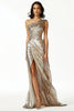 Load image into Gallery viewer, Sparkly Golden One Shoulder Ruched Prom Dress with Slit