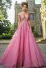 Load image into Gallery viewer, Sparkly Fuchsia A Line Deep V-Neck Prom Dress with Lace