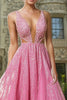 Load image into Gallery viewer, Sparkly Fuchsia A Line Deep V-Neck Prom Dress with Lace