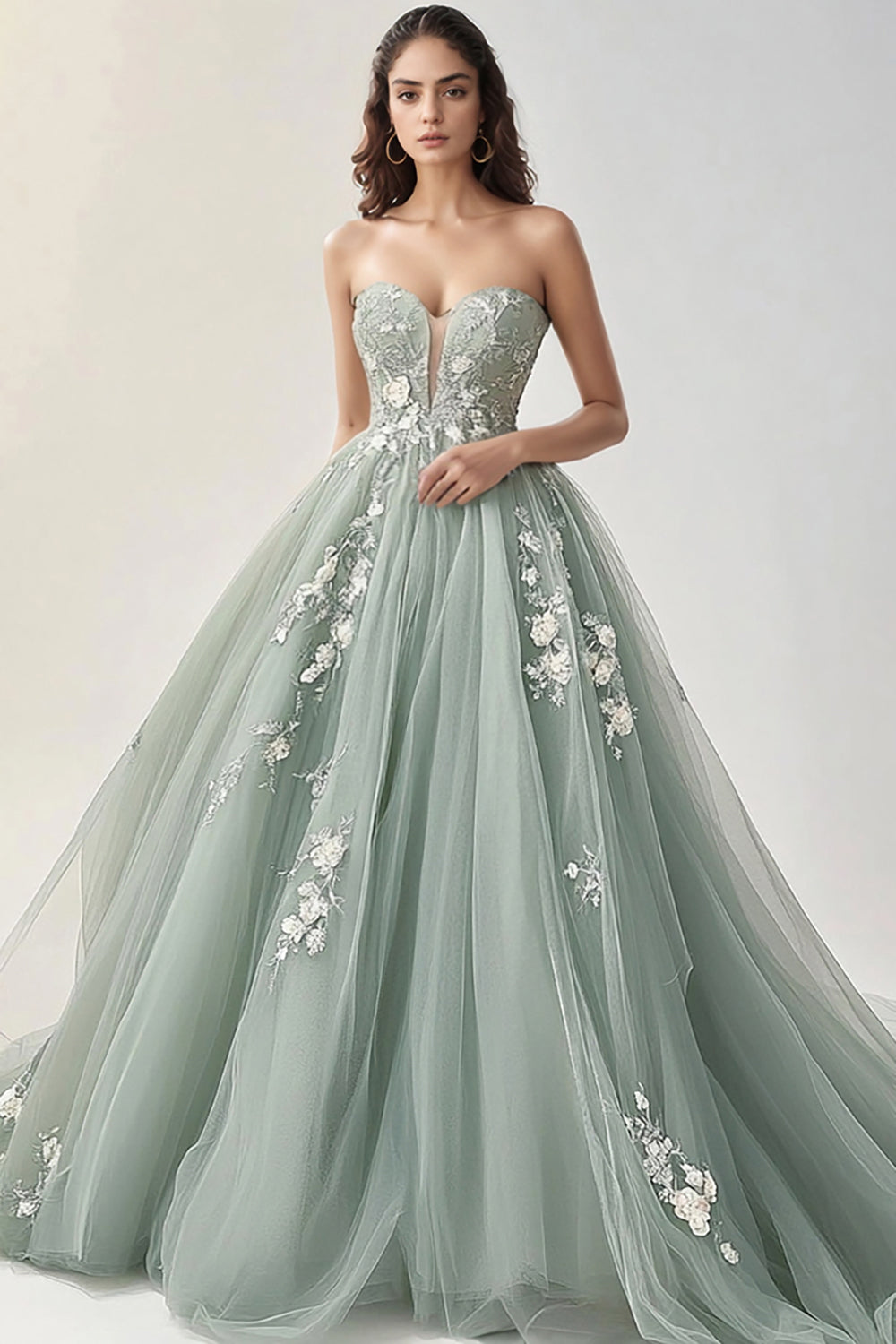 Green A Line Sweetheart Tulle Prom Dress with Lace