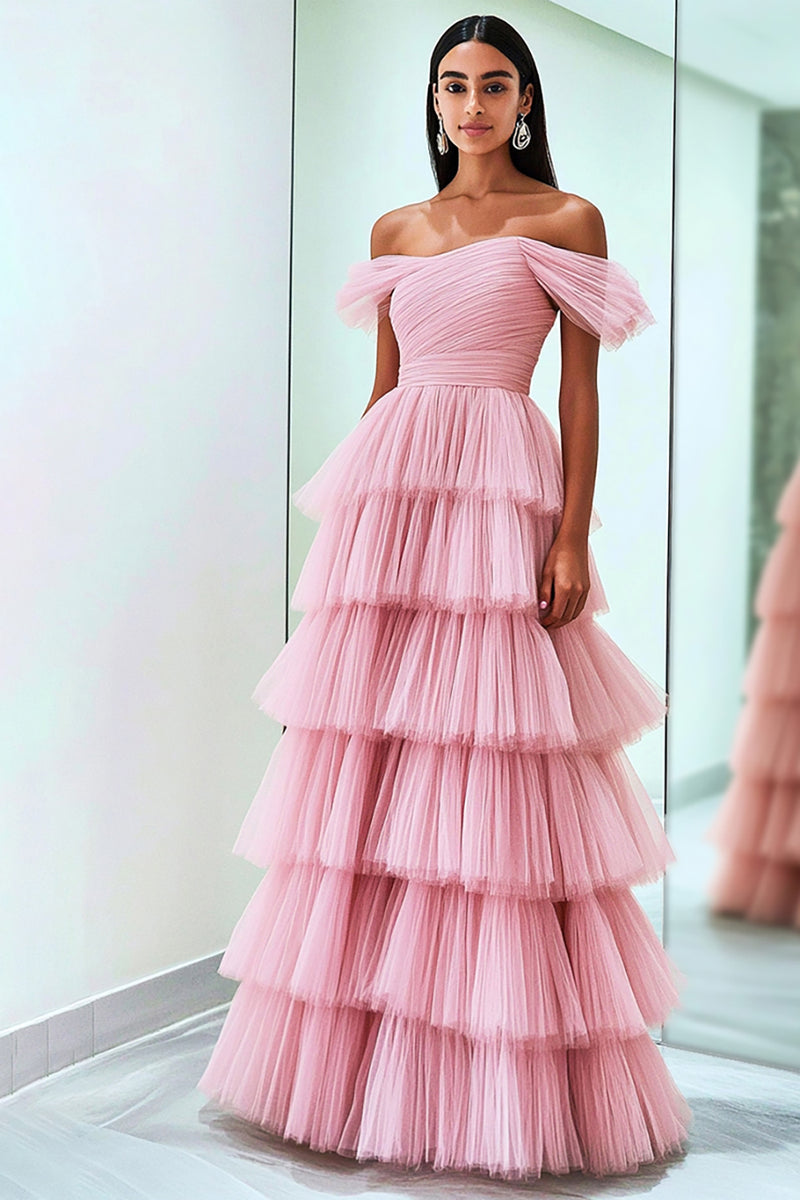 Load image into Gallery viewer, Pink Ruffled Off The Shoulder Ruched Prom Dress