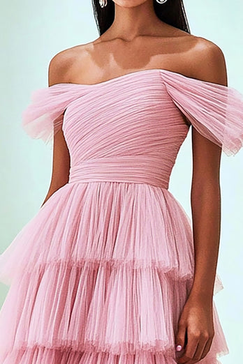 Pink Ruffled Off The Shoulder Ruched Prom Dress