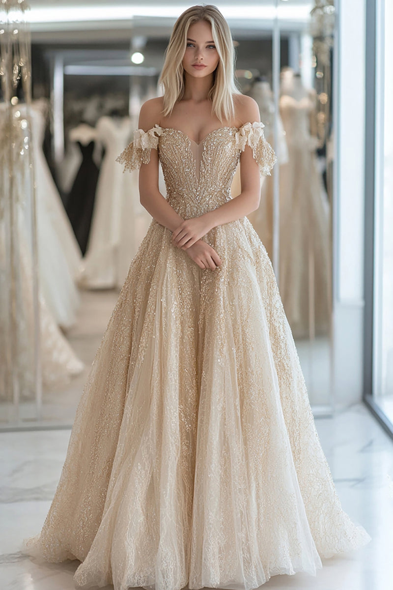 Load image into Gallery viewer, A Line Champagne Tulle Prom Dress with Lace