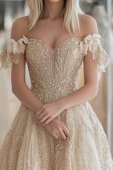 A Line Champagne Tulle Prom Dress with Lace