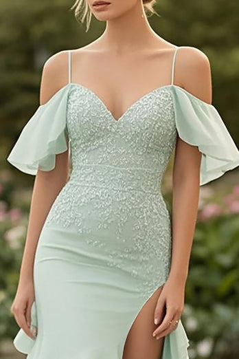 Mint Ruffled Cold Shoulder Prom Dress with Lace