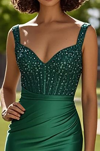 Sparkly Dark Green Corset Beaded Long Prom Dress with Slit