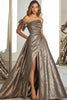 Load image into Gallery viewer, A Line Metallic Gold One Shoulder Long Prom Dress with Slit