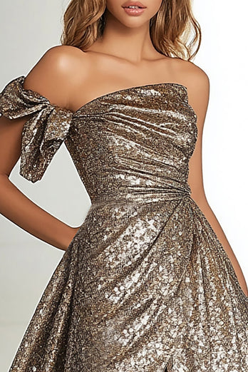 A Line Metallic Gold One Shoulder Long Prom Dress with Slit