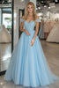 Load image into Gallery viewer, Sky Blue A Line Tulle Off the Shoulder Floor Length Prom Dress