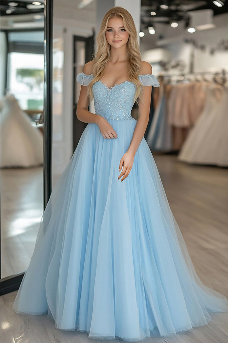 Load image into Gallery viewer, Sky Blue A Line Tulle Off the Shoulder Floor Length Prom Dress