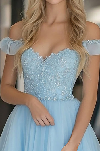 Sky Blue A Line Tulle Off the Shoulder Floor Length Prom Dress