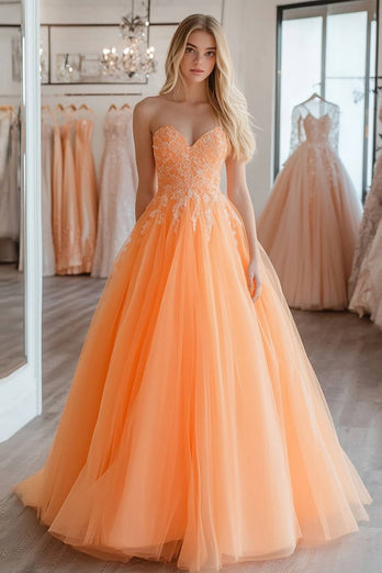 Ball Gown Orange Sweetheart Long Prom Dress with Lace Appliques