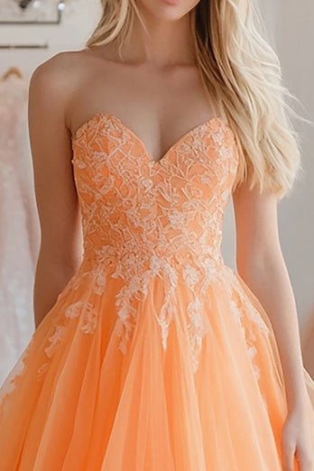 Ball Gown Orange Sweetheart Long Prom Dress with Lace Appliques