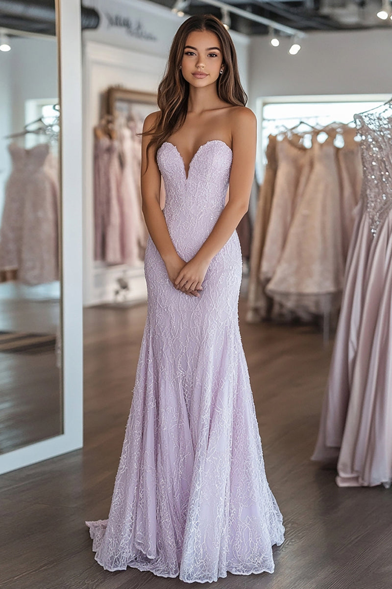 Load image into Gallery viewer, Lilac Lace Sheath Corset Strapless Long Prom Dress