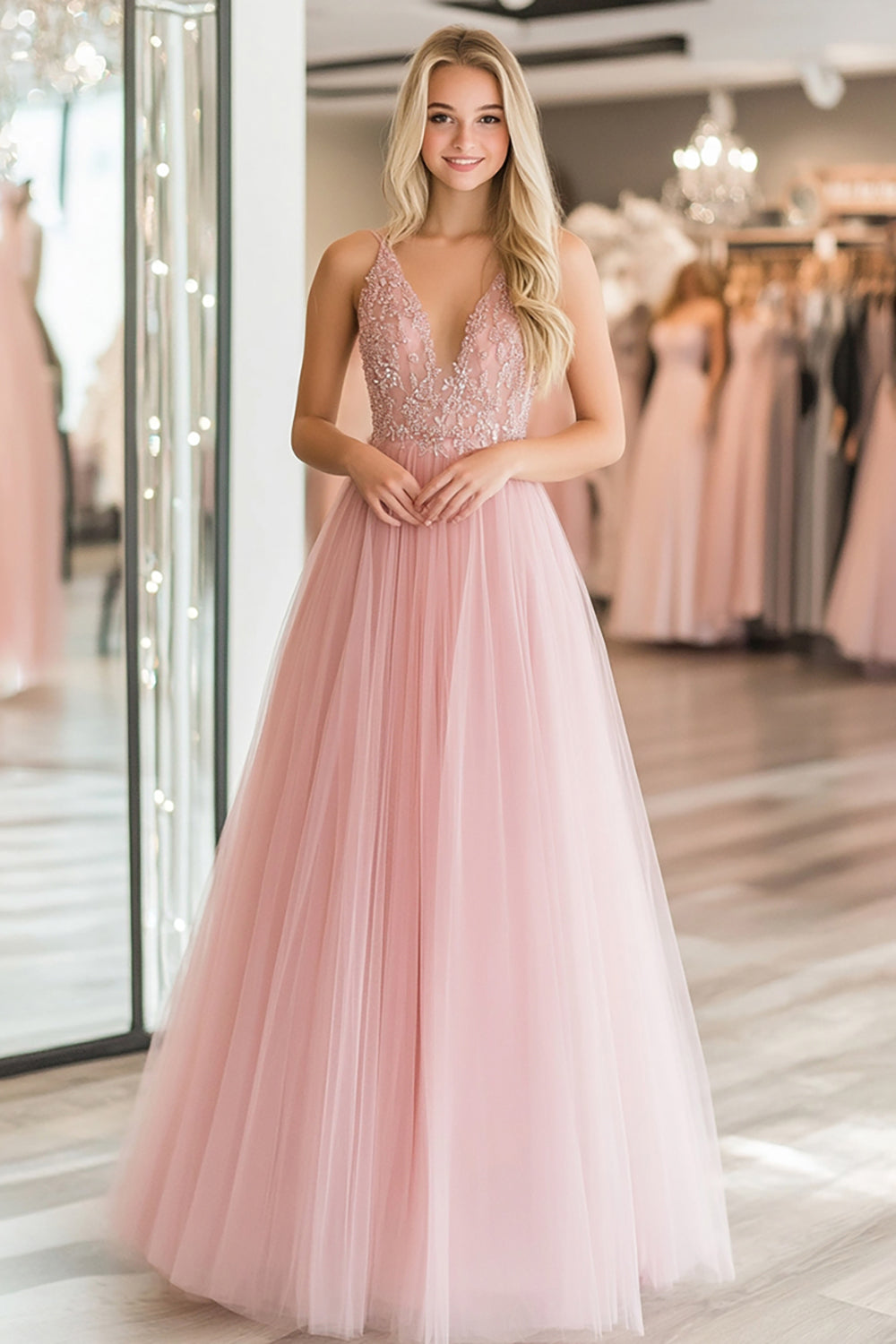 Glitter Pink Tulle A Line V-Neck Floor Length Prom Dress