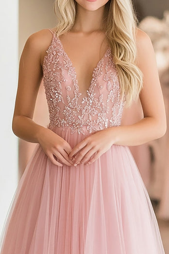 Glitter Pink Tulle A Line V-Neck Floor Length Prom Dress