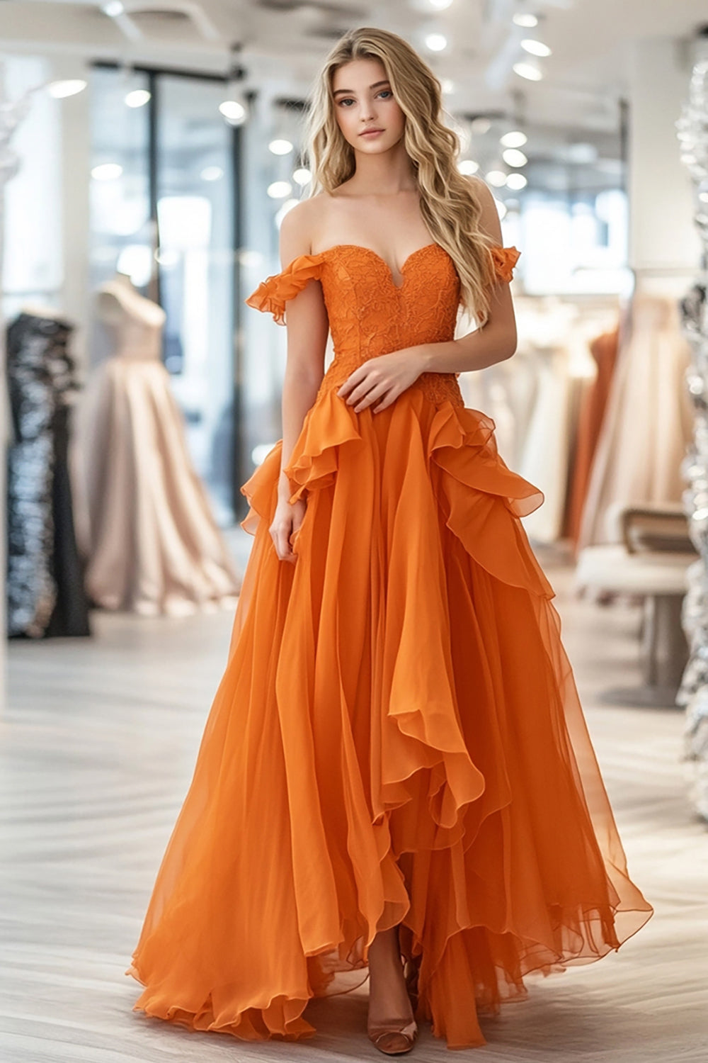 Orange A Line Tulle Off the Shoulder Long Prom Dress