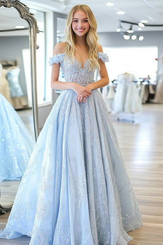 Glitter Sky Blue A Line Sweetheart Long Prom Dress