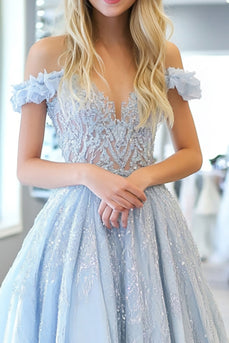 Glitter Sky Blue A Line Sweetheart Long Prom Dress