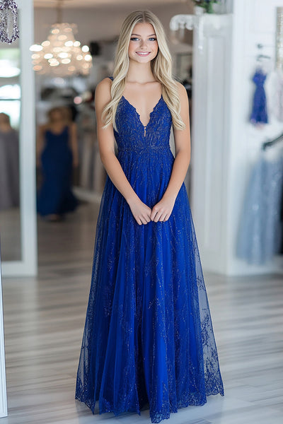 Royal Blue Lace V-Neck A Line Floor Length Prom Dress