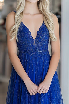 Royal Blue Lace V-Neck A Line Floor Length Prom Dress