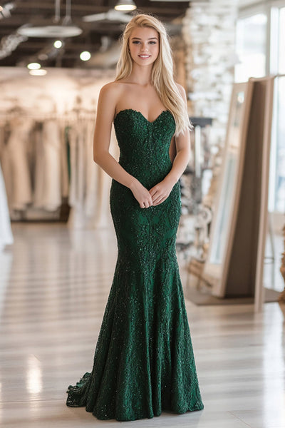 Lace Sweetheart Dark Green Mermaid Long Prom Dress