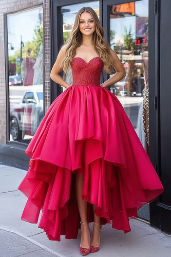 Red Taffeta Tiered Strapless High-Low Prom Dress