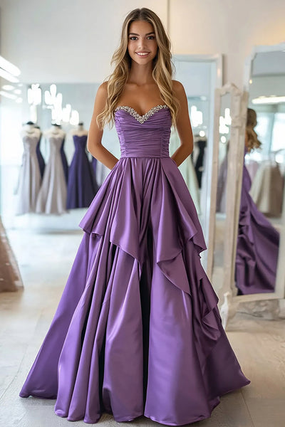 A Line Plum Strapless Taffeta Long Prom Dress with Beading