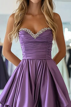 A Line Plum Strapless Taffeta Long Prom Dress with Beading