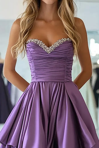 A Line Plum Strapless Taffeta Long Prom Dress with Beading