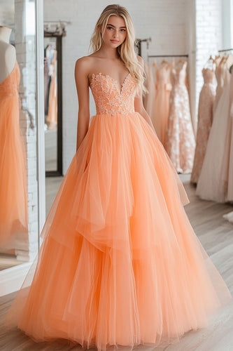 Ball Gown Orange Tulle Tiered Long Prom Dress with Lace