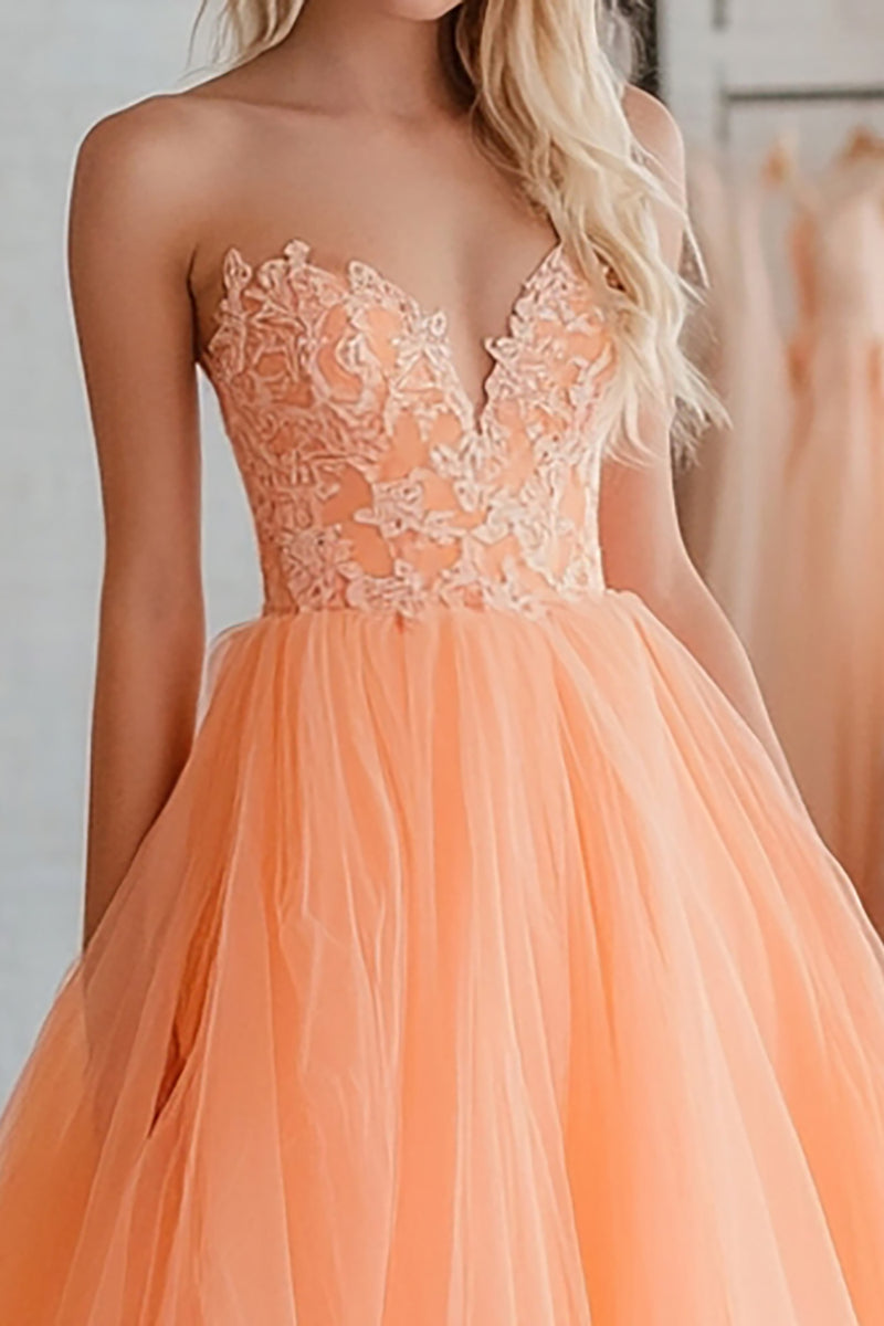 Load image into Gallery viewer, Ball Gown Orange Tulle Tiered Long Prom Dress with Lace