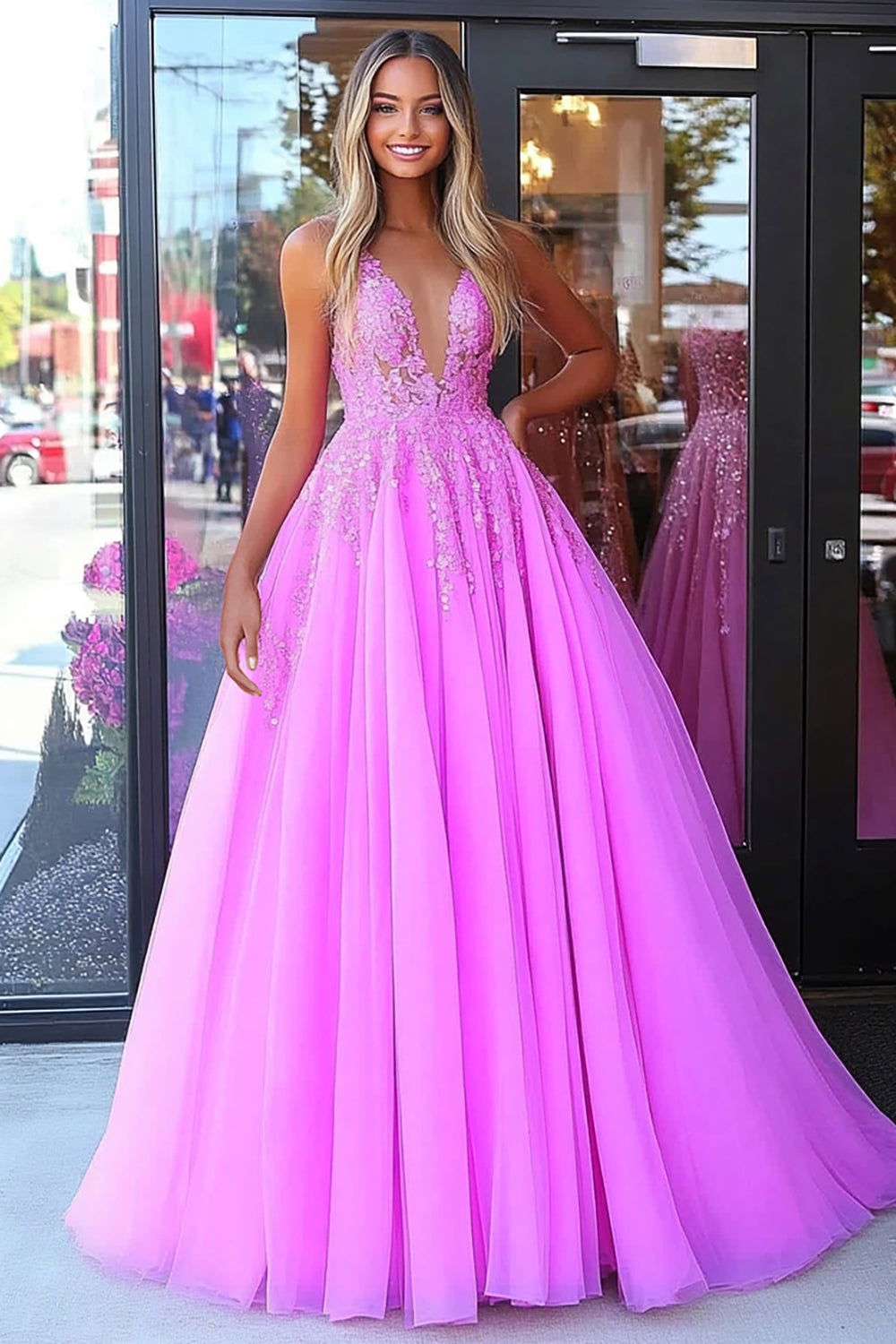 Fuchsia Corset Ball Gown V-Neck Long Prom Dress