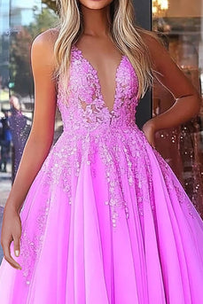 Fuchsia Corset Ball Gown V-Neck Long Prom Dress