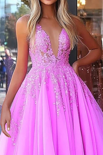 Fuchsia Corset Ball Gown V-Neck Long Prom Dress