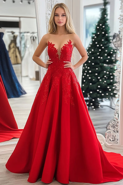 Red A Line Strapless Satin Long Prom Dress with Lace