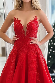 Red A Line Strapless Satin Long Prom Dress with Lace