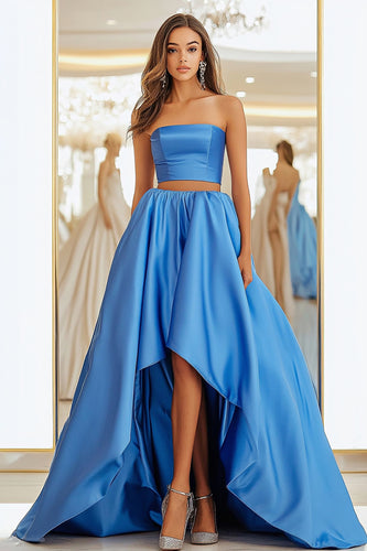 Separate Blue High-Low Satin Long Prom Dress