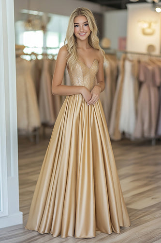 Gold Sweetheart Satin A Line Long Prom Dress with Beading