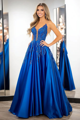 Royal Blue Ball Gown Satin Prom Dress with Lace Appliques