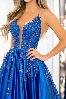 Royal Blue Ball Gown Satin Prom Dress with Lace Appliques