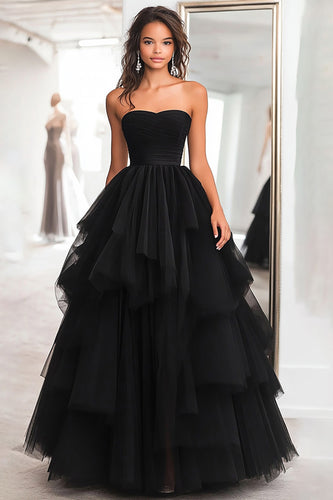 Black Tulle Tiered Strapless Floor Length Prom Dress